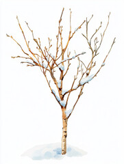 Fototapeta premium joyful watercolor style winter birch sapling with snow covered branches, showcasing beauty of nature in serene winter landscape