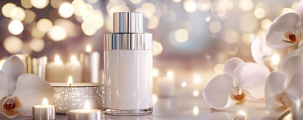 Modern spa aesthetic with white and silver cosmetic bottles surrounded by warm candlelight and white orchids, symbolizing purity and relaxation.
