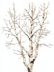 cozy watercolor style birch tree with snow covered branches, showcasing beauty of winter. delicate details highlight serene atmosphere of snowy landscape