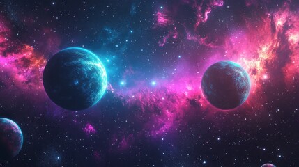 A colorful space background with neon planets and stars