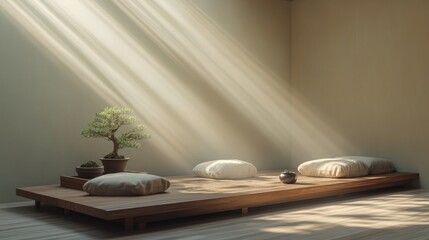 A serene Japandi meditation corner with a low wooden platform
