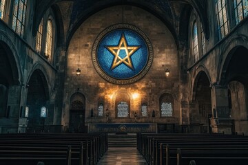 Obraz premium Interior of a church featuring a large blue pentagram mosaic on the wall.