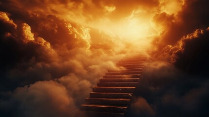 Stairway leading to heaven entrance. Cloudy sky and bright evening sun light background spirituality and religion