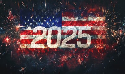 An artistic representation of the American flag with the word "2025" prominently displayed in the center