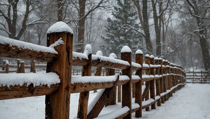 A wooden fence covered in snow, with trees in the background.

