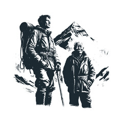 Two mountain climbers. Black white vector illustration.