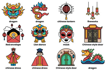 Icon set in the concept of things related to China in a line style