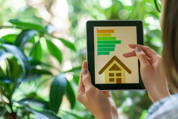 A woman uses a tablet to analyze home energy efficiency, as depicted by a graphic energy rating chart. This image highlights the integration of technology with environmental consciousness.