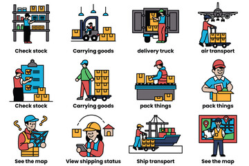 Set of icons in the concept of warehouse and storage in line style