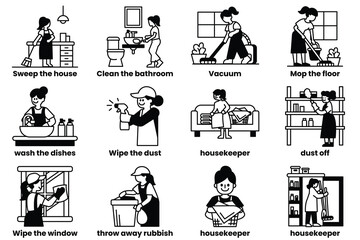Set of icons in the concept of cleaning staff doing housework in a line style