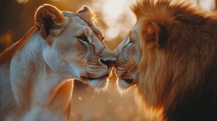 Fototapeta premium A close-up shot of a lion and lioness. This image depicts the bond and affection between