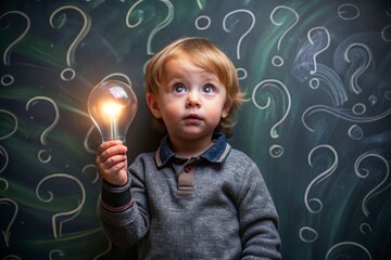 Development and education of children. A thoughtful boy on a dark background with a light bulb and question marks . Brainstorming and the concept of an idea.