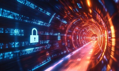 An encrypted tunnel in cyberspace, showing data packets moving securely, shielded by glowing locks and keys