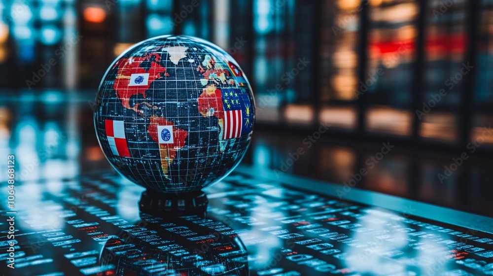 Poster glass ball with world flags held in a business environment, showing cultural diversity and internati