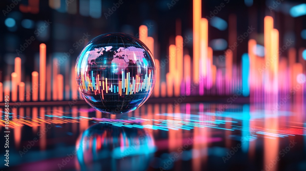 Poster Crystal ball with the continents of the world floating over a business strategy chart, symbolizing strategic global expansion with empty space for text