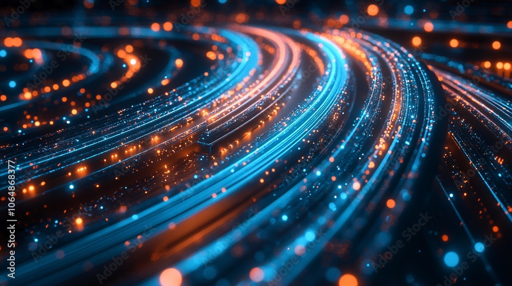 Poster glowing fiber optic cables in a close-up macro shot, creating a vibrant network effect that represen