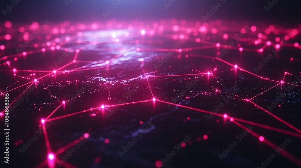 Aufkleber Digital world map with bright connection lines stretching between continents, symbolizing a high-tech global network and intercontinental collaboration with empty space for text