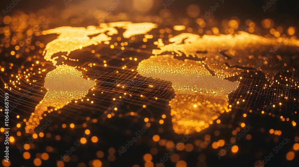 Poster Futuristic world map in a virtual reality setting with luminous data lines, capturing the essence of global connectivity and digital innovation with empty space for text
