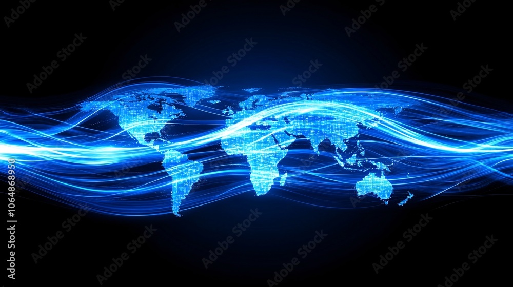 Leinwandbilder High-tech global network visualized with light trails connecting cities around the world on a digital map, symbolizing fast data transfer and international integration with empty space for text