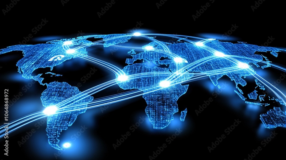 Leinwandbilder High-tech global network visualized with light trails connecting cities around the world on a digital map, symbolizing fast data transfer and international integration with empty space for text