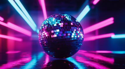 Vibrant disco ball reflecting neon lights in a retro-themed nightclub, colorful beams of light and reflections