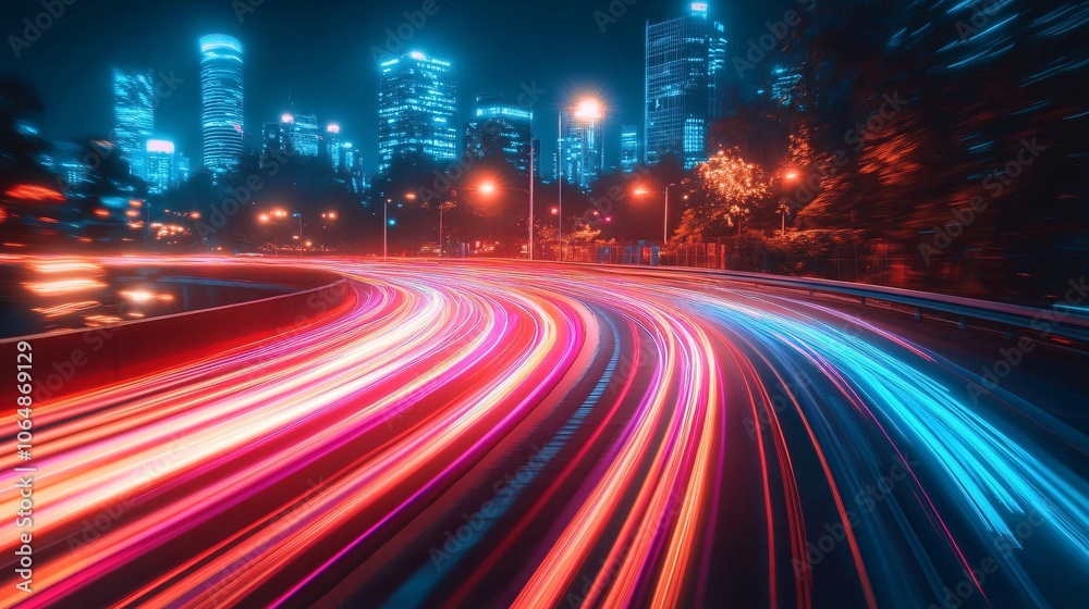 Fototapete High-tech global network visualized with light trails connecting cities around the world on a digital map, symbolizing fast data transfer and international integration with empty space for text