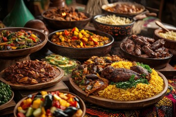 Fototapeta premium Kwanzaa Feast: A lavishly prepared feast with an array of traditional African dishes, set against a backdrop of African fabric and patterns. The food is displayed on wooden platters and includes dishe