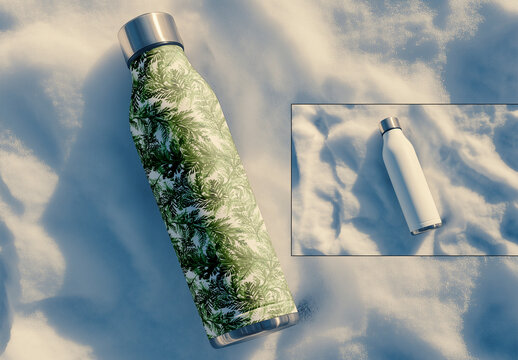 Winter-themed bottle mockup on snow background, customizable design for branding, AI-Generated