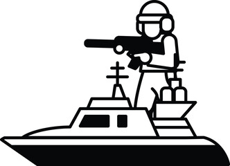 Naklejka premium A Soldier in a uniform is standing on a boat with a gun