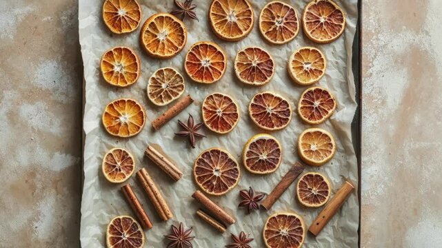 Rustic Arrangement of Dried Oranges and Spices on Parchment Paper