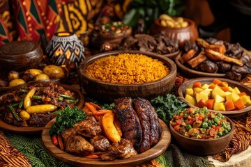 Fototapeta premium Kwanzaa Feast: A lavishly prepared feast with an array of traditional African dishes, set against a backdrop of African fabric and patterns. The food is displayed on wooden platters and includes dishe