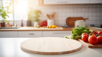 Tabletop of an empty wooden kitchen table with a round empty wooden cutting board, vegetables, blurred kitchen in the background.