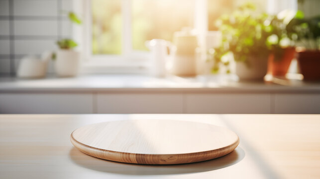 Surface of an empty white wooden kitchen table with a round empty wooden cutting board , blurred kitchen in the background, photo realistic.