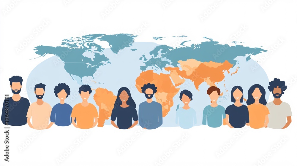 Poster Professionals from diverse backgrounds gathered around a virtual map, symbolizing collaborative strategies and cross-cultural understanding with empty space for text