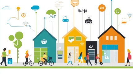 Naklejka premium Technology, urban connectivity, digital cities, communications. Network, technology background, Urbanism, modern, wallpaper, background, illustration, poster, city, city, architecture, background. Arc