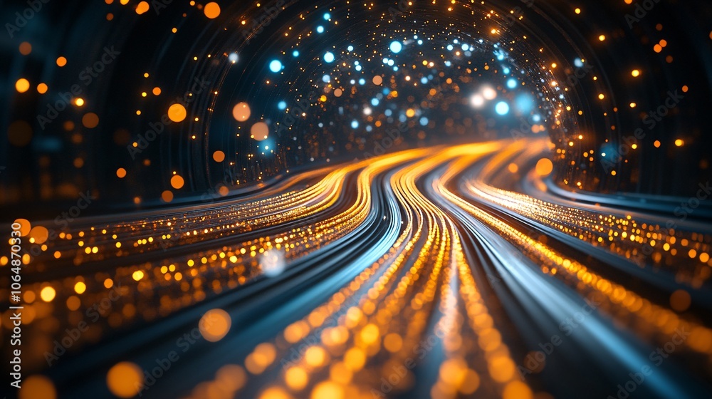 Poster vibrant light trails connecting continents on a futuristic globe, illustrating the reach and speed o