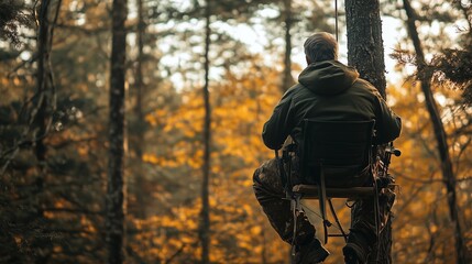 Fototapeta premium A hunter quietly observes wildlife from a tree stand in a serene forest during autumn in the late afternoon