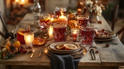 Fototapeta premium A beautifully arranged table with glasses of mulled wine, flickering candles, and autumn decorations, creating an inviting atmosphere.