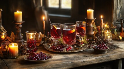 A beautifully arranged table with glasses of mulled wine, flickering candles, and autumn decorations, creating an inviting atmosphere.