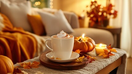 A beautifully styled coffee table featuring a pumpkin spice latte, candles, and autumn decorations, inviting warmth.