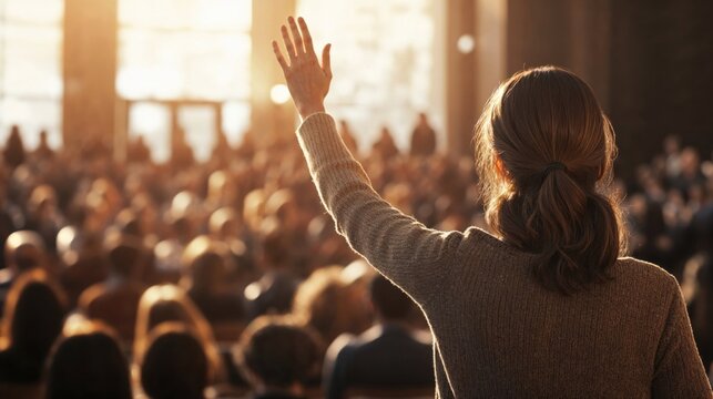 woman raising her hand, standing in front of a large audience during what appears to be a conference or public event. The warm lighting creates a welcoming atmosphere, and the crowd is blurred