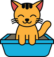 A cartoon cat is sitting in a blue litter box