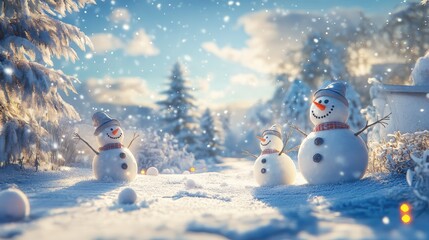 Fototapeta premium A charming snowy landscape featuring happy snowmen, inviting warmth and joy amid the cold winter backdrop.