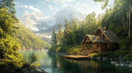 Fototapeta premium A charming wooden cabin resting by a tranquil lake, with breathtaking mountain scenery and lush forests, ideal for relaxation and exploration.