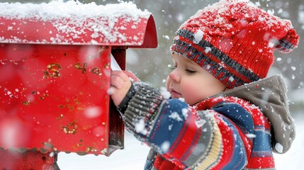 A child joyfully drops an envelope into a bright red mailbox on a snowy christmas day