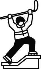 A cartoonish drawing of a man in a jacket holding a hockey stick