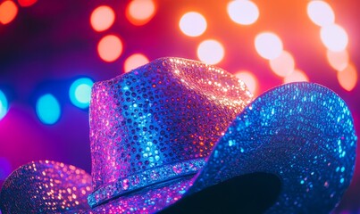 A close-up of a sparkling rhinestone cowboy hat, underneath vibrant stage lights, capturing the atmosphere of a lively night out