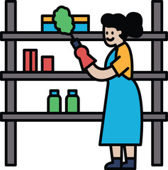 A woman is cleaning a shelf in a store