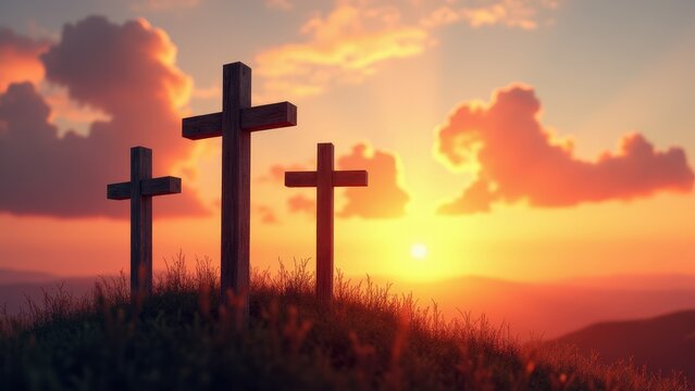 Three rustic wooden crosses silhouetted against a vivid sunset, evoking themes of faith and hope