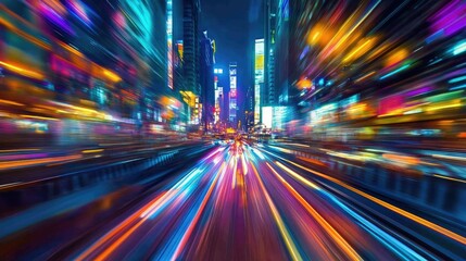 Obraz premium A colorful and vibrant nighttime scene of a futuristic city, captured from a moving car, showcasing the excitement of urban exploration.